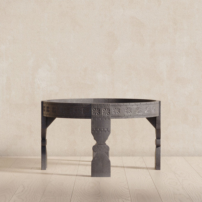 Table basse ronde en bois faite à la main Maven Lane Ananya Heritage, finition grise