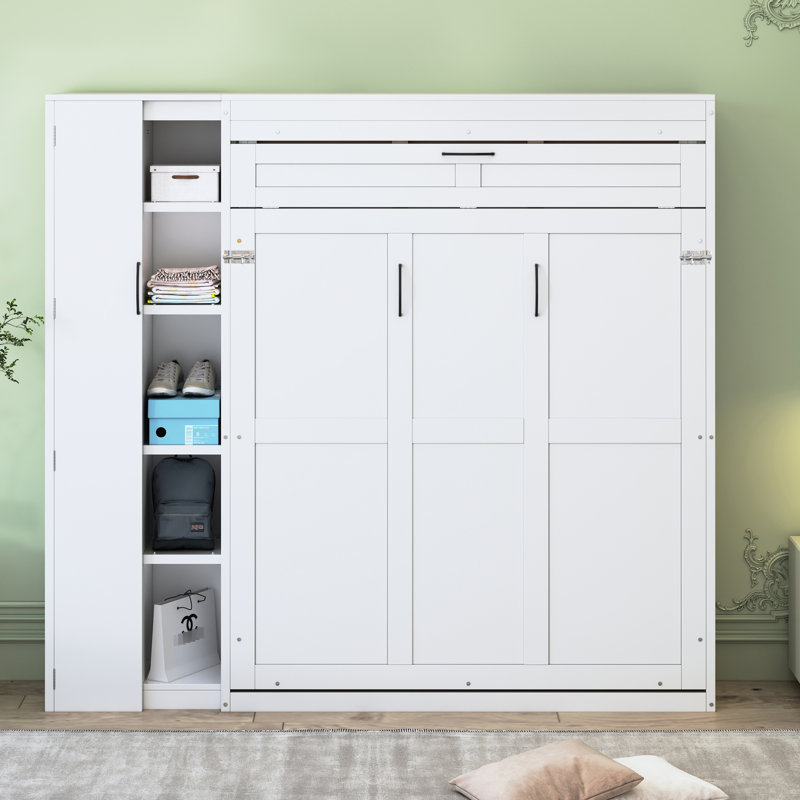 Lit mural blanc avec tablettes, garde-robe et éclairage à DEL blanc, idéal pour économiser de l'espace au sol dans un petit appartement - Solution Home Office