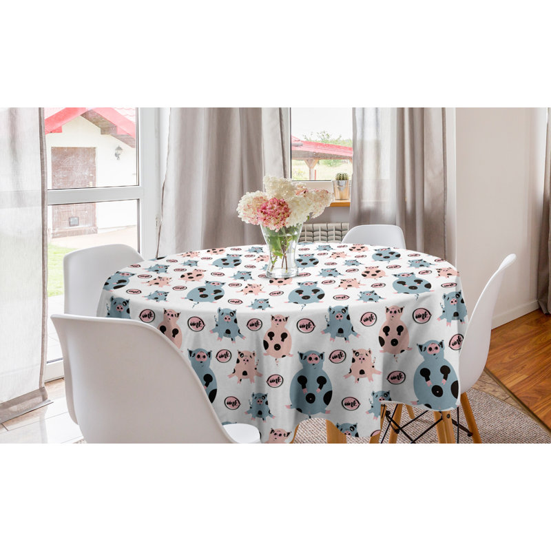 Ambesonne Farm Animal Round Tablecloth, Repetitive Pattern Of Cartoon Pigs, Circle Table Cloth Cover For Dining Room Kitchen Decoration, 60", Blue Grey Blush