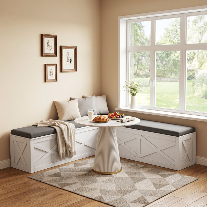 Banc de coin en L avec rangement, banc de coin-repas avec coussins gris, blanc, White