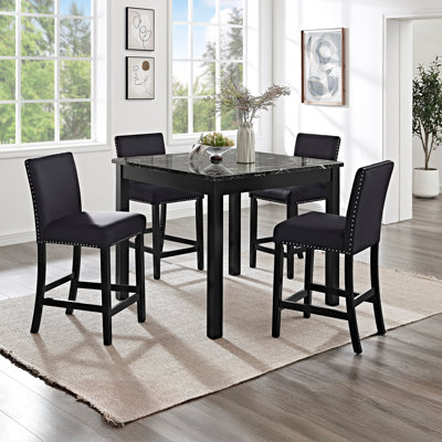 Ensemble de salle à manger 5 pièces à hauteur de comptoir, table carrée en faux marbre et chaises rembourrées