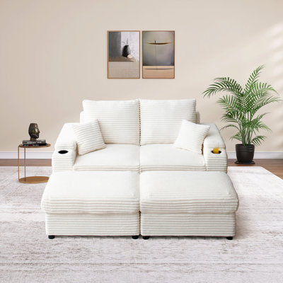 70.8"W Luxury Corduroy Modular Chaise Lounge, 2 Cup Holders, 2 Storage Ottoman, 2 Seaters Loveseat Sofa by Wade Logan
