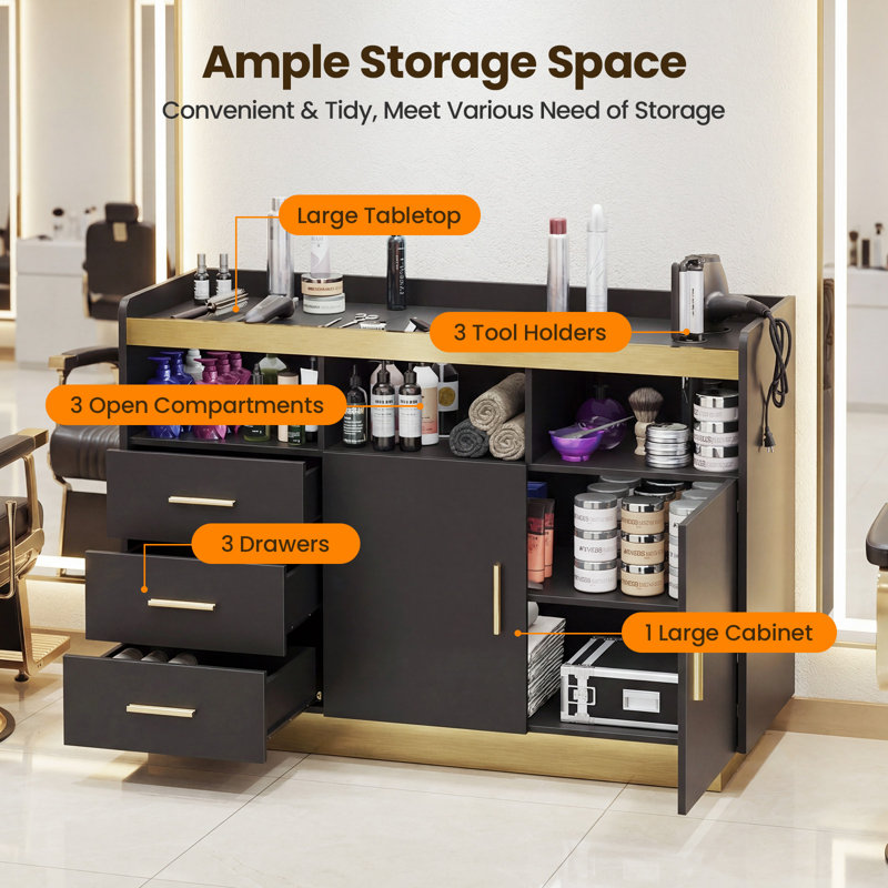 All-in-one Salon Station with Drawers and Storage Cabinets, Freestanding Salon Cabinet with Hair Dryer Holders for Professional Salon, Spa and Home