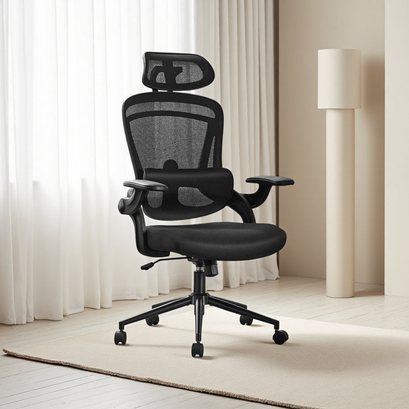 High Back Desk Chair with Adjustable Lumbar Support & Headrest,Comfortable Mesh Computer Chair with Soft Flip Up Arms, Black