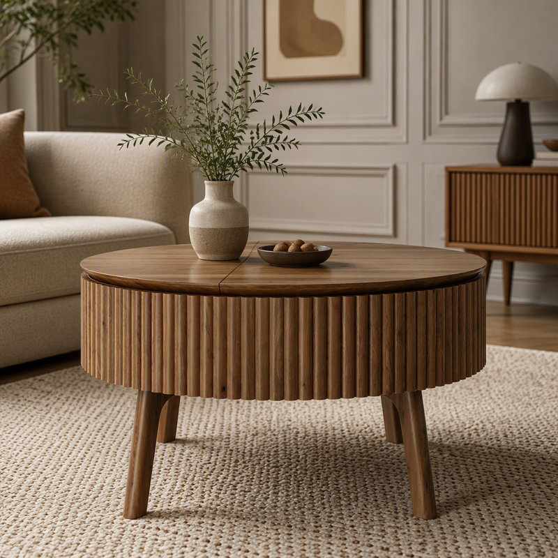 Table basse moderne à plateau relevable avec demi-plateau rabattable et rangement caché, table basse Mid-Century en bois massif avec design cannelé, table centrale en noyer 30,3 po