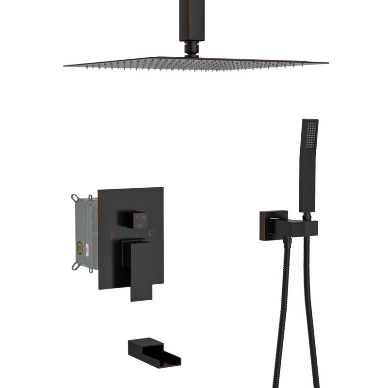 Shower System With Waterfall Tub Spout,12 Inch Ceiling Mount Square Shower System With Rough-In Valve, Oil Rubbed Bronze