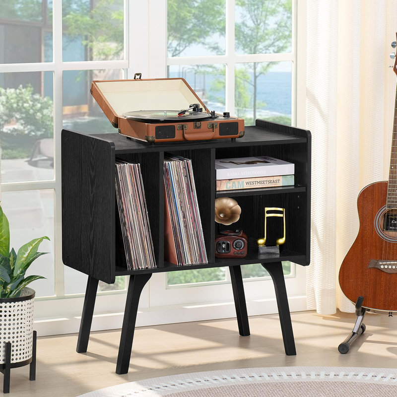 Support pour platine vinyle de style moderne du milieu du siècle avec rangement pour disques., Noir