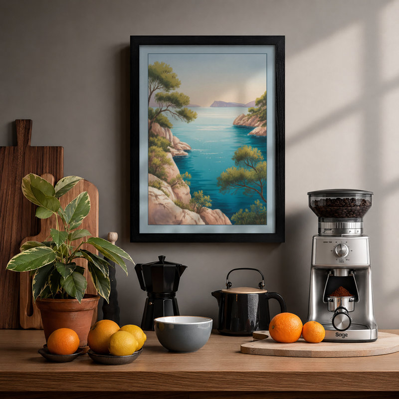 Tranquil Mediterranean Cove Coastal - Framed Print, A2 - 59.4 x 42.0 cm, Black