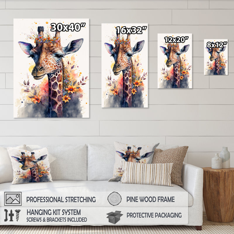«Cute Giraffe Floral Art I», peinture sur toile, H 20 po x l 12 po x P 1 po, Toile tendue