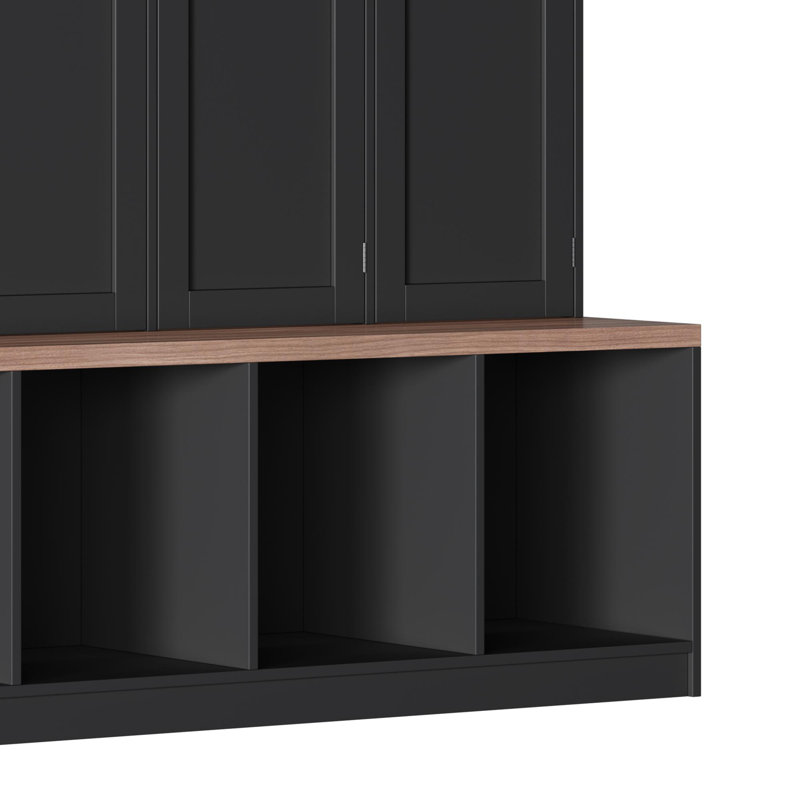 Hall Tree With Bench And Shoe Storage, Minimalist Shoe Cabinet With Cube Storage & Shelves Black, Black