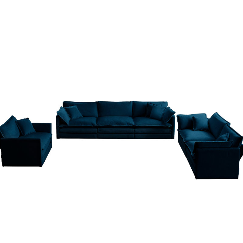 Canapé moderne 3 pièces, canapé modulaire à assise très profonde, chenille bleue, bois, éponge, pièce modulaire élégante en chenille, assise, base en bois massif, tissu respirant, confortable