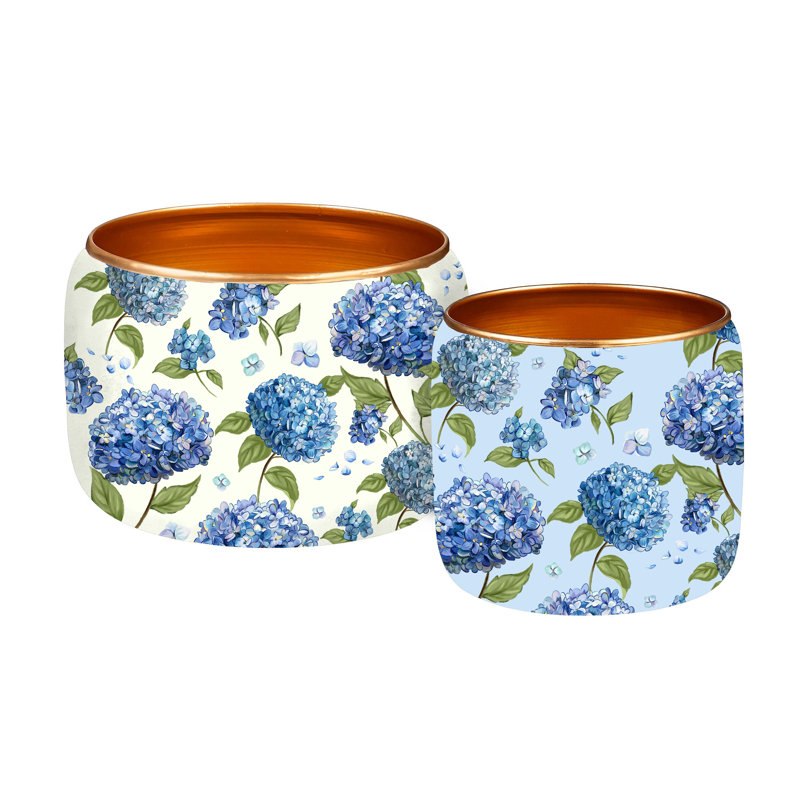 Hydrangea Printed Metal Planter, Set of 2