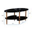 Table basse ovale noire en verre avec pied en bois de chêne stable, surface robuste pour le salon, meubles