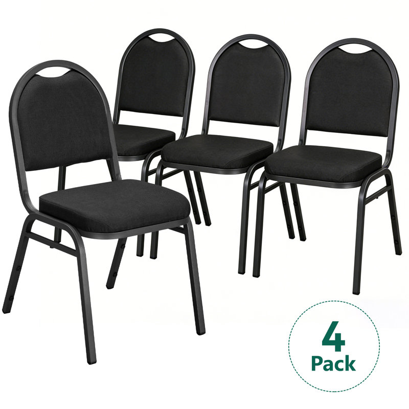 4 Pack Stackable Banquet Dining Chairs, Upholstered Crown Back Event Chairs - Black Fabric Seat, Heavy Duty Steel Frame, 300lb Capacity, No Assembly Required for Restaurant Wedding Conference