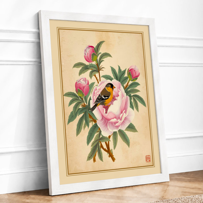 Peonies with Songbird Japandi - Framed Print, A4 - 29.7 x 21.0 cm, White