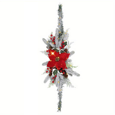 Pre‑Lit Flocked Christmas Mailbox Swag, 31.4 Inch Snowy Artificial Mailbox Topper with Warm LED Lights, Velvet Red Poinsettia, Pine Cones and Red Berries, Fake Greenery Branch for Mailbox Front Door Xmas Outdoor Decor