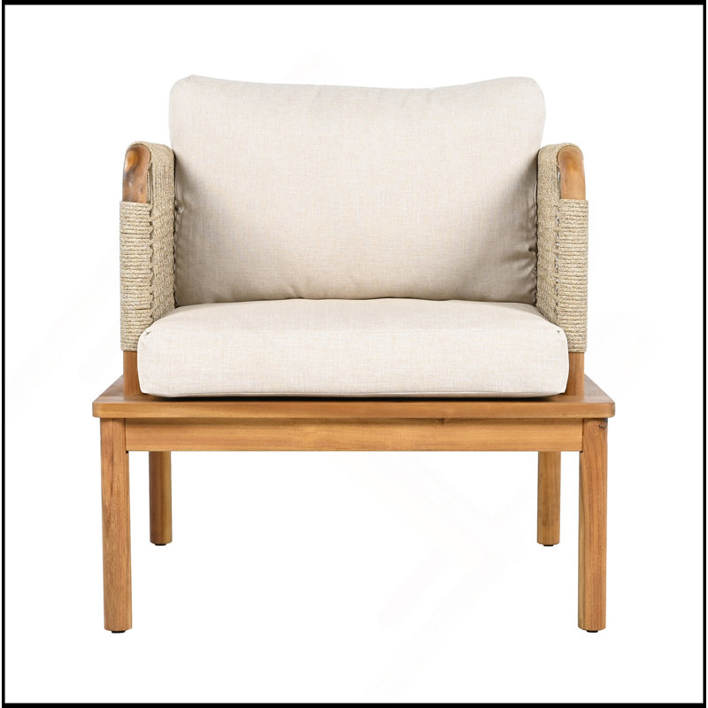Fauteuil club d'extérieur en bois d'acacia et corde avec coussins (simple)