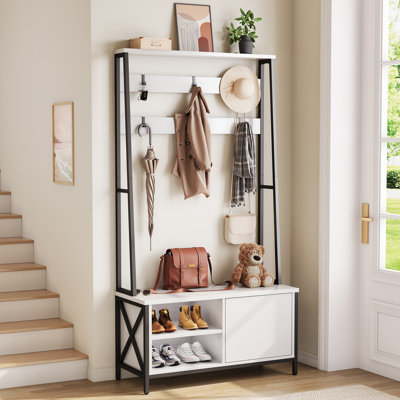 Hall Tree With Bench And Shoe Storage, Wood Look,White Color by 17 Stories