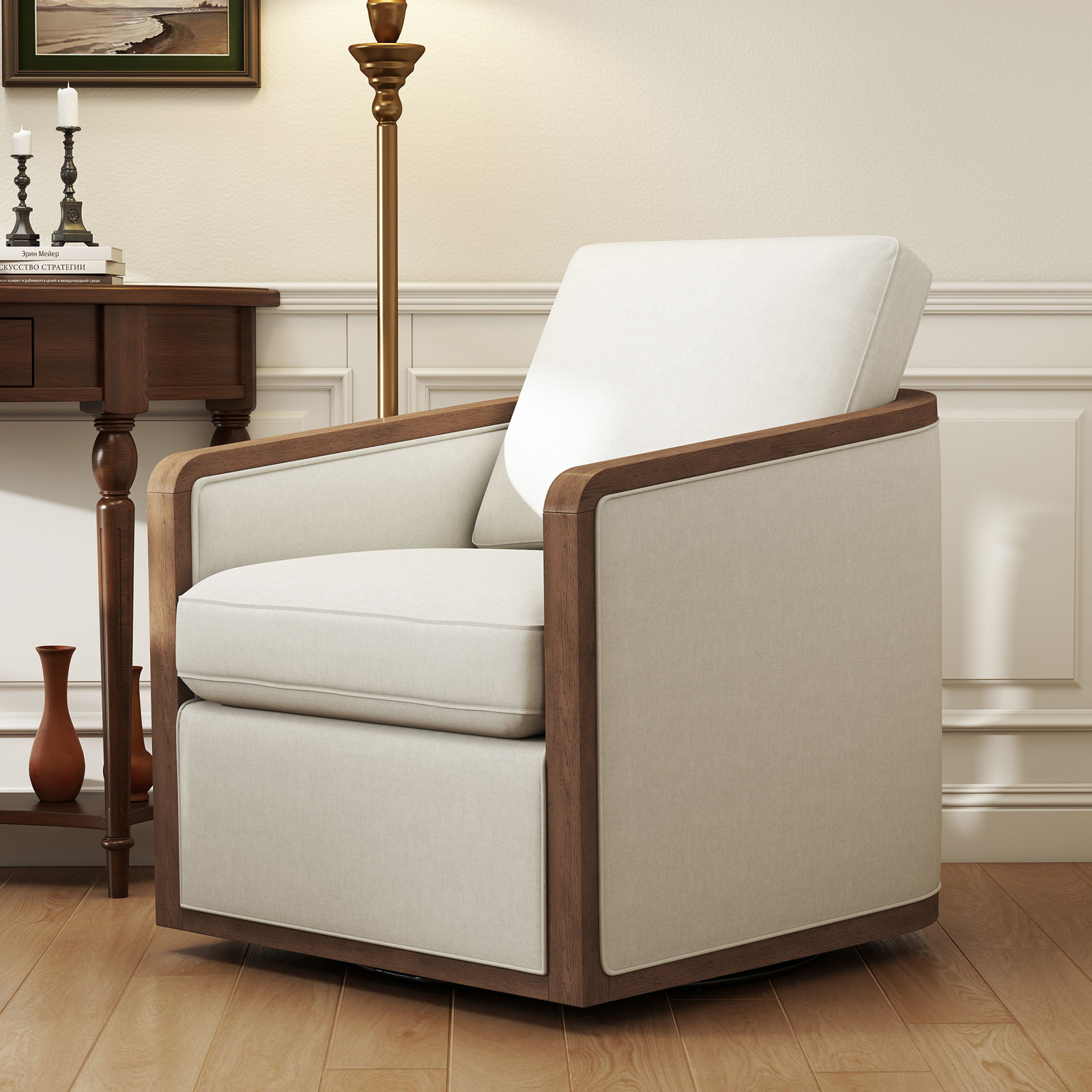 Clarisse Linen Swivel Armchair, White