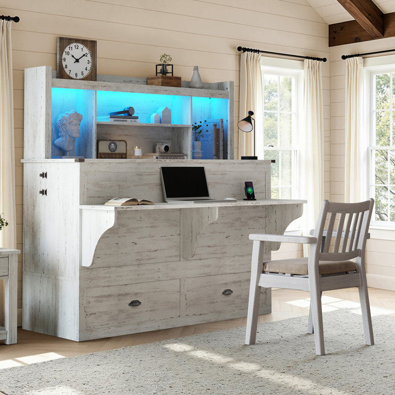 Farmhouse Queen Murphy Bed with  Bookcase Headboard & Built-In Desk & LED Lights, White, White, Queen