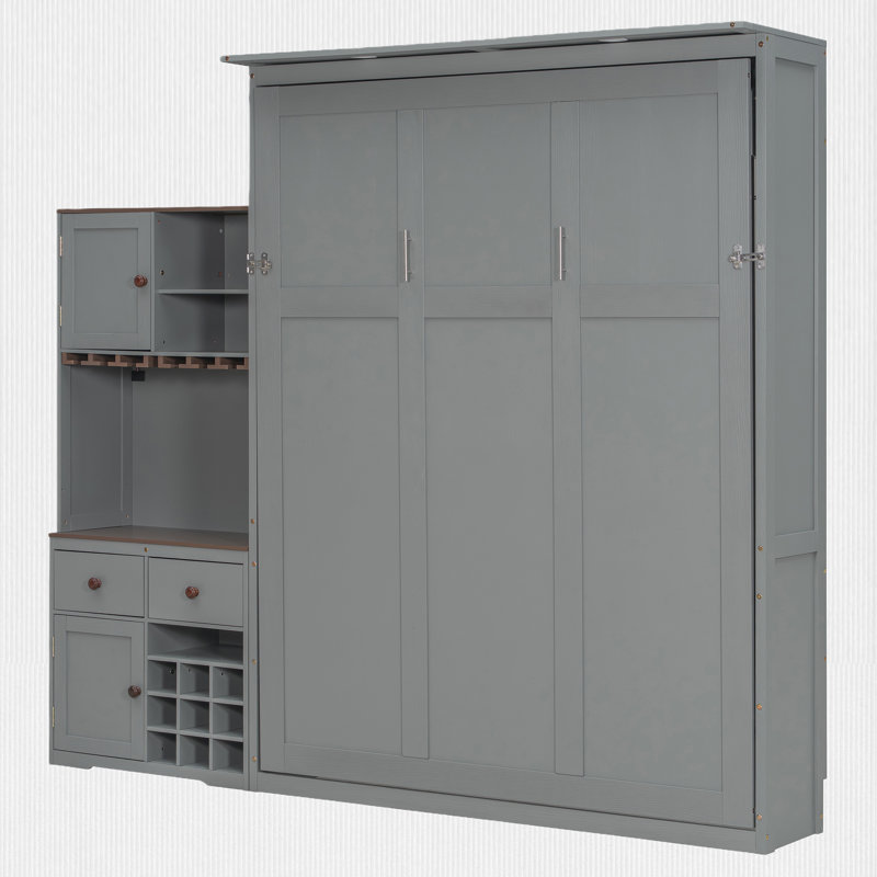 Grand lit escamotable avec buffet et bande DEL multicolore, gris