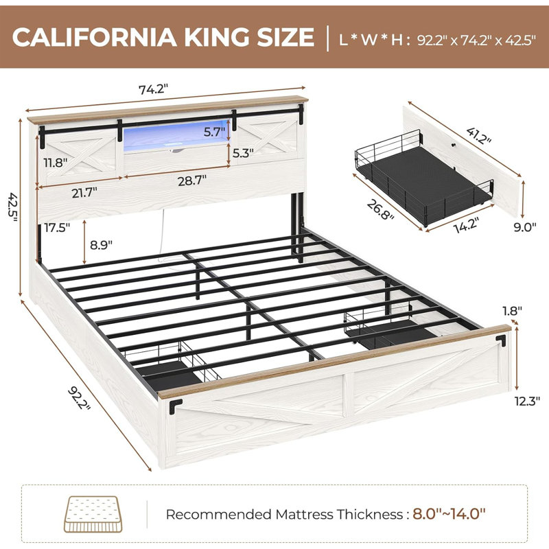 Farmhouse Bed Frame With Led Lights And Charging Station, Wooden Platform Bed With 2 Storage Drawers, Rustic Accent Headboard With Sliding Barn Door Storage Cabinets, White