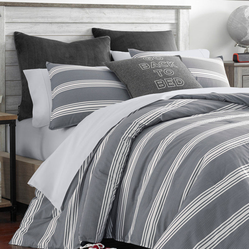 Ensemble d'édredon réversible en coton Nautica Craver, Édredon pour très grand lit + 2 taies décorativ, Gris