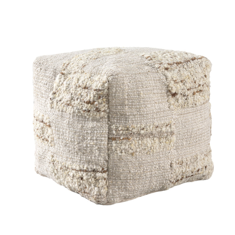 Ivory/Natural Farmhouse Checkered Hand-Woven Jute Blend Cube Ottoman Pouf