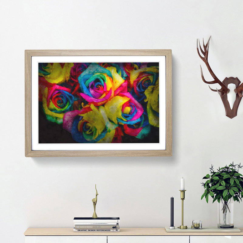 Multi-Coloured Rainbow Roses - Picture Frame Graphic Art Print, 24cm H x 33cm W x 2cm D, Oak Framed
