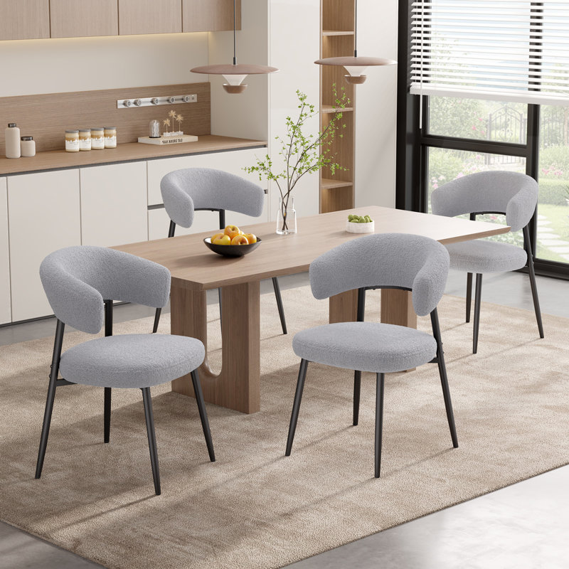 Chaises de salle à manger rembourrées Modern Teddy Boucle avec dossier incurvé, siège rembourré épais et pieds en métal, Gris