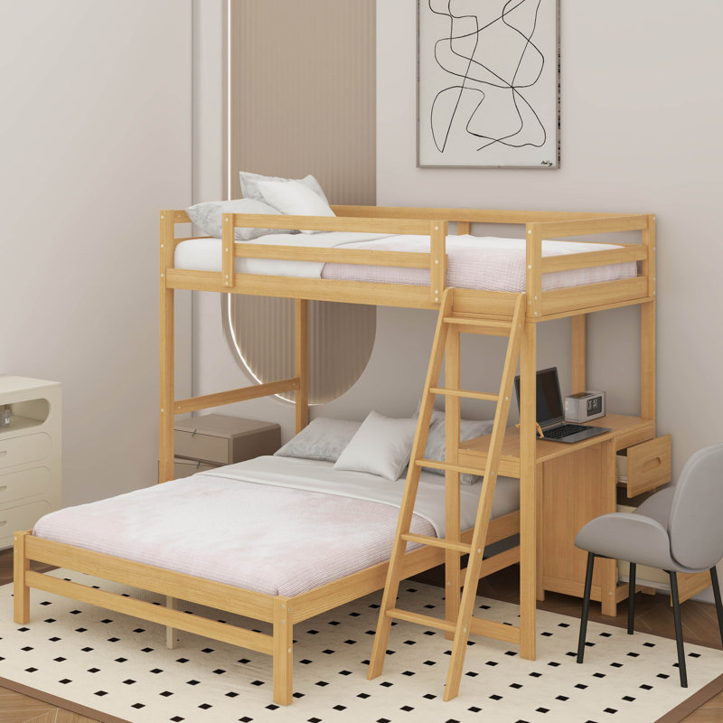 Twin Over Full Bunk Bed With Built-In Desk And Three Drawers, Natural