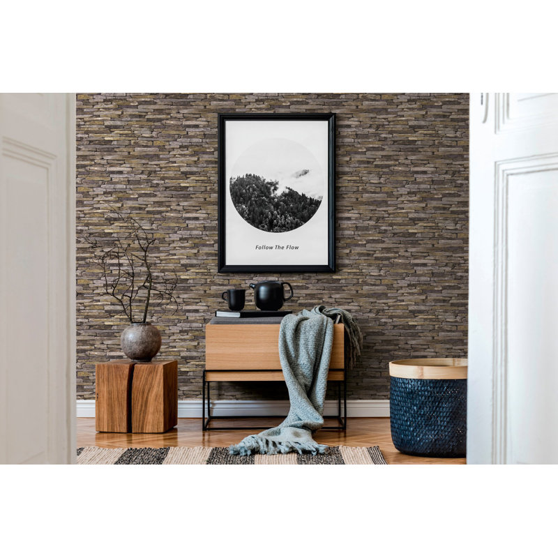 Bricks and More Collection Rocky Retreat Motif Wallpaper Roll, Brown