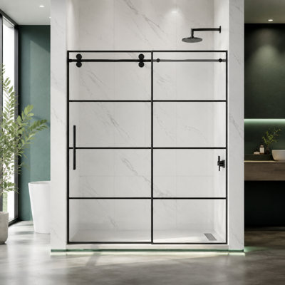 56-60" W x 72" H Frameless Sliding Shower Door with Grid Glass, 5/16" Tempered Glass, Matte Black