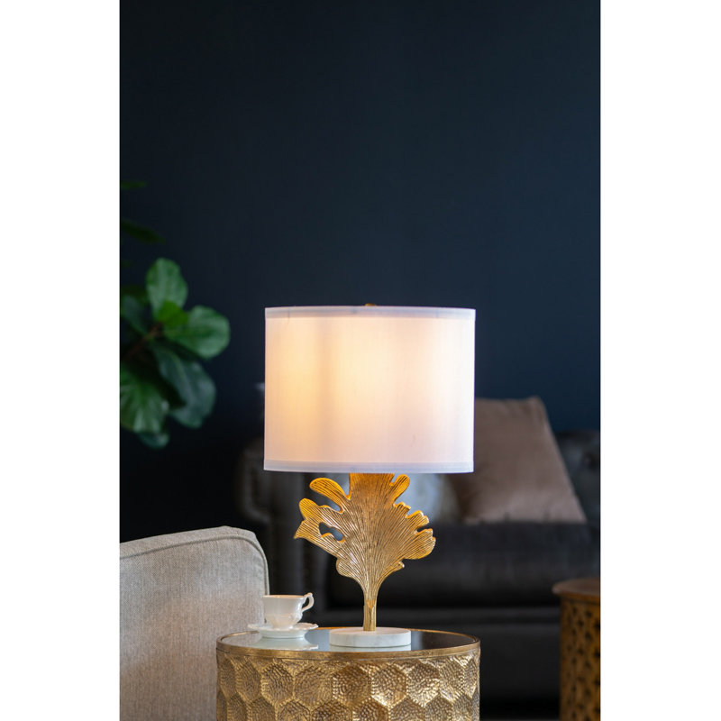 D13 "X22,2" Lampe de table dorée et blanche avec motif de feuille (assemblage de l'abat-jour requis)