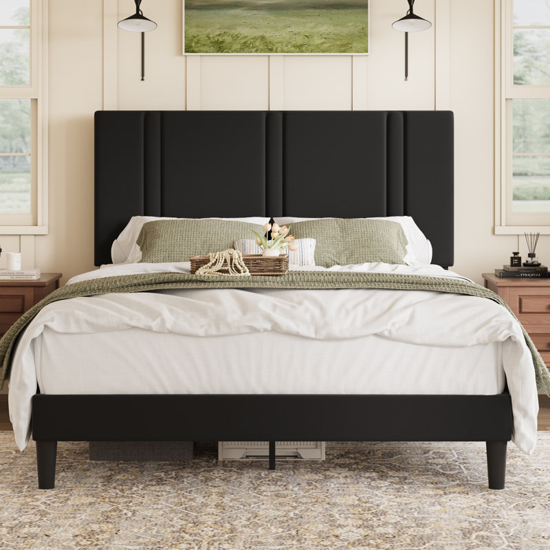 Modern Low-Profile Velvet Upholstered Platform Bed Frame With Headboard, Full, Black