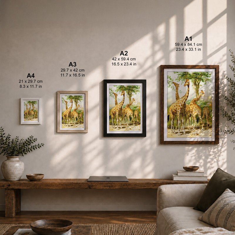 Giraffes in Acacia Shade Botanical 1 Piece Single Picture Frame Wall Art, A1 - 84.1 x 59.4 cm, Walnut
