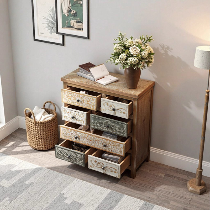 Commode d'appoint rétro en bois 6 tiroirs avec détails sculptés multicolores - commode de rangement pour chambre à coucher, salon et vestibule (L 25,59 po x l 12,6 po x H 31,89 po)
