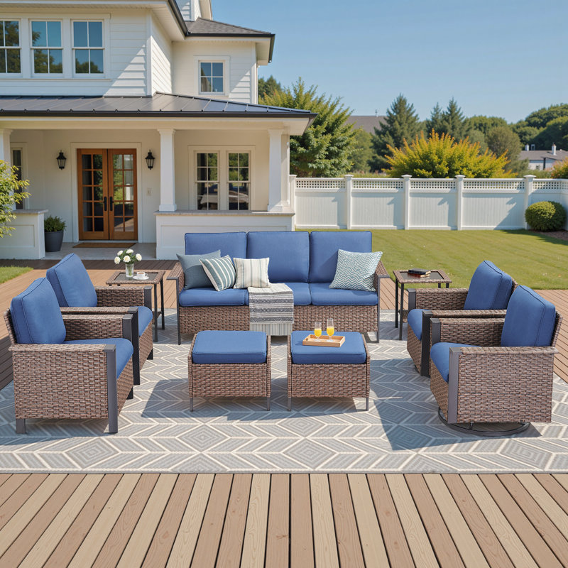 Coady 9 - Pieces Outdoor Courtyard Wicker Family Conversation Set Group With Armchairs And Swivel Chairs, Beige, Brown