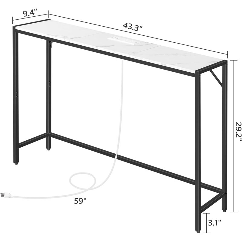 Table d'entrée 43,3 po avec centrale électrique, derrière la table de canapé, Marble/Black, H 29,2 po x l 43,3 po x P 9,4 po