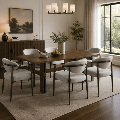 Ensemble de table à manger rectangulaire en tissu, fer, hévéa 7 pièces, bronze, noyer. Fabriqué à partir de bois d'hévéa de haute qualité et de MDF durable.