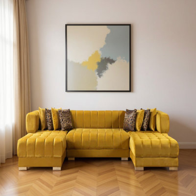Canapé modulaire et méridienne en velours moutarde trois pièces avec coussins décoratifs Mustout