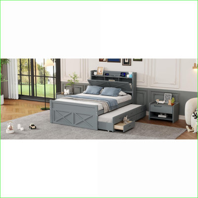 Full Size MDF&amp;Plywood Storage Bed with Headboard Outlets, Twin Trundle &amp; 3 Drawers, Gray for Modern Bedrooms