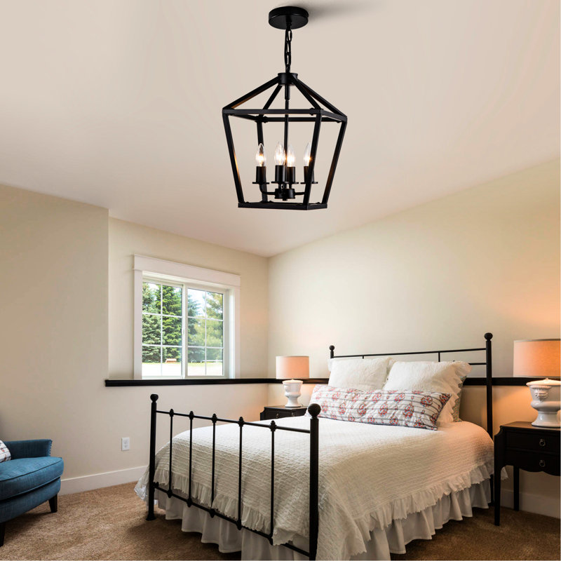 4 - Lanterne noire industrielle, plafond rustique avec douille E12, réglable pour une hauteur personnalisée dans la salle à manger, cage ouverte, ampoule, vestibule suspendu
