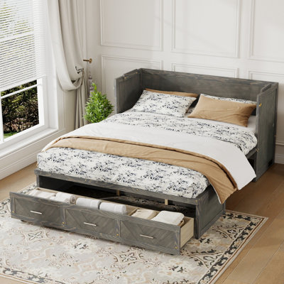 Queen Solid Wood Murphy Bed with Built-In USB Charging Station and Geometrical Decoration Panel