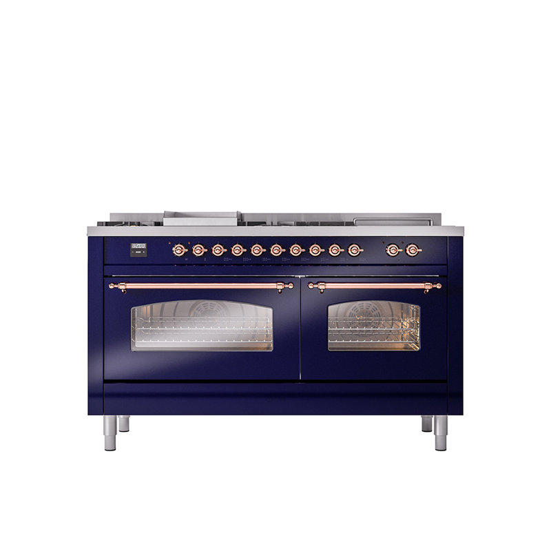 ILVE Nostalgie II 60 Dual Fuel Range, 5 Burners, Griddle, Frenchtop , Liquid Propane, Midnight Blue/Copper