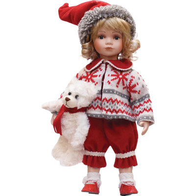 14.5" Alpine Chic Porcelain "Morgan" with Teddy Bear Standing Collectible Christmas Doll