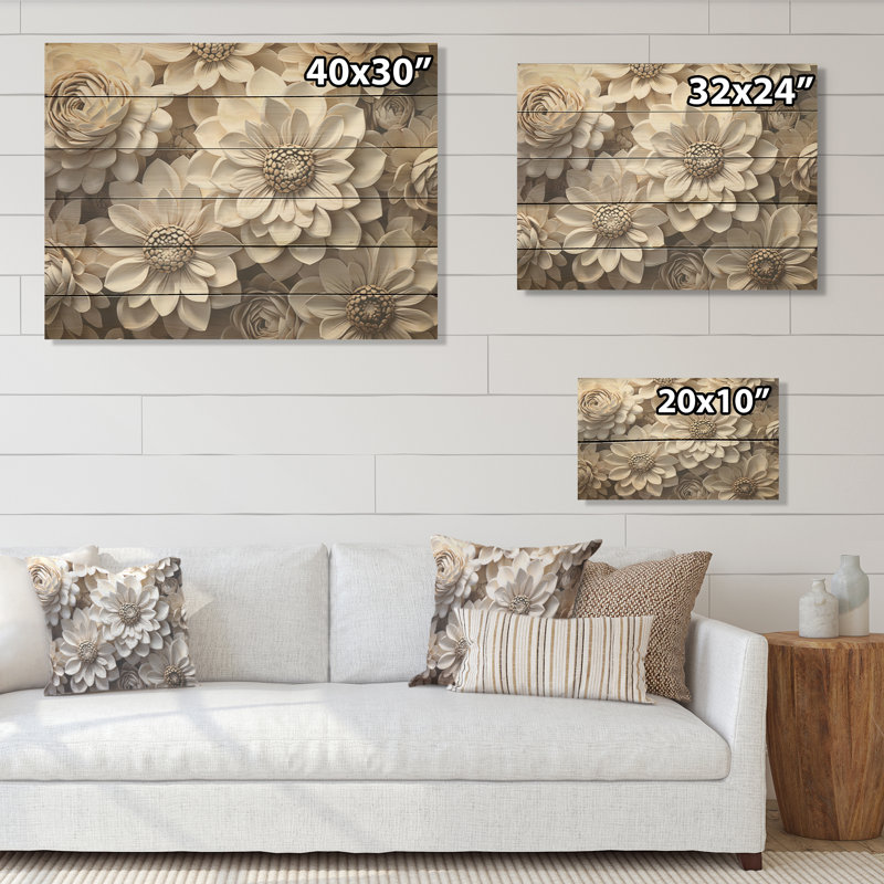 Transparent Depiction Of White Zinnias - Zinnias Wood Panel Wall Art On Natural Pine Wood, 30" H x 40" W