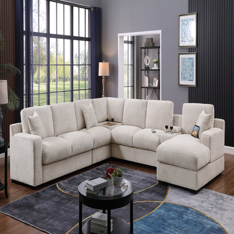 Canapé modulaire en chenille de 141,5 po en chenille beige avec méridienne, porte-gobelets et ports de recharge, Beige