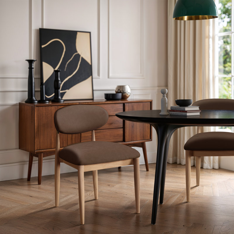 Riccio Vegan Leather Upholstered Dining Side Chair, Black, Stained Black / Brushed Brass