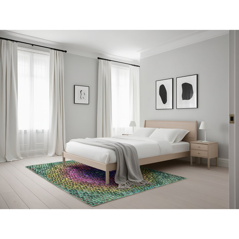 Tapis rose/jaune/vert à motif, Rectangle 5 pi x 7 pi